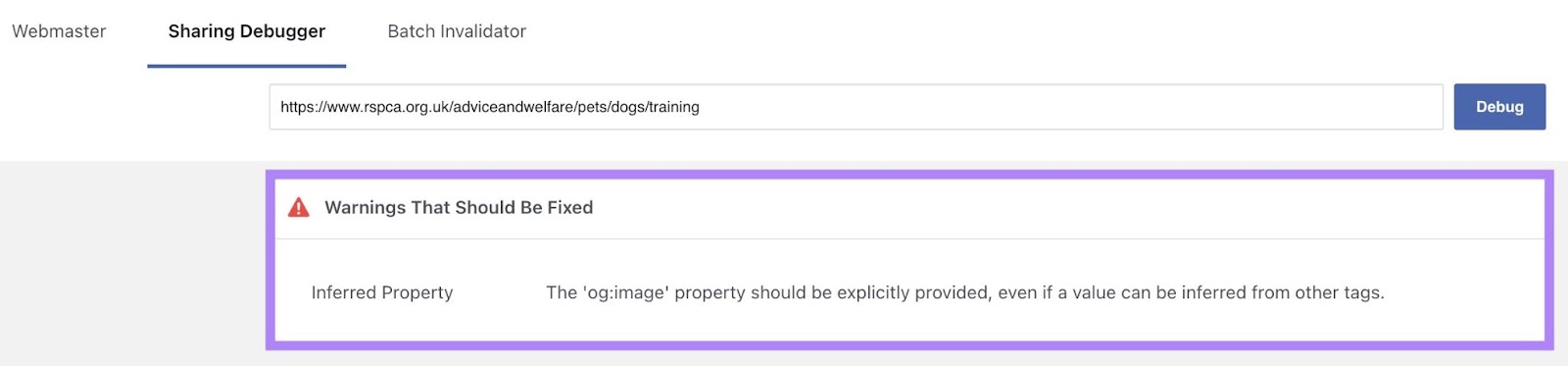 Meta's Sharing Debugger tool with the warning reading 'og:image property should be explicitly provided' highlighted.