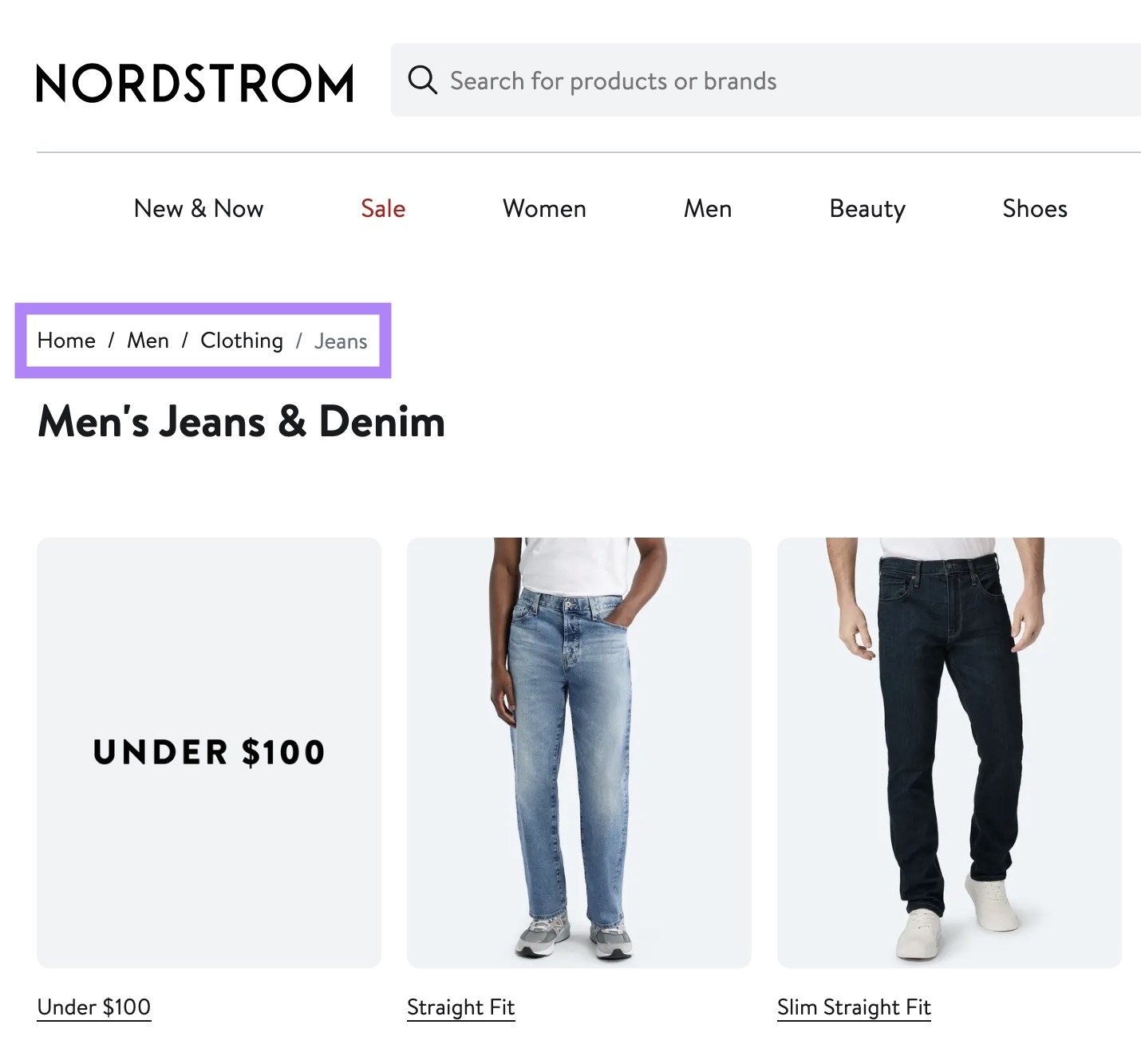 A webpage showing breadcrumb navigation at the top of the page with links such as “Home / Men / Clothing / Jeans”.