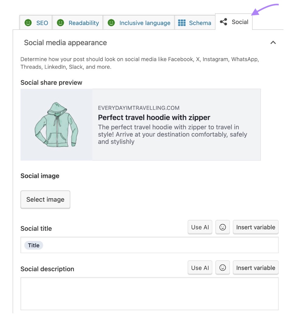 Social media appearance settings on Yoast with options to customize the image, title, and description.