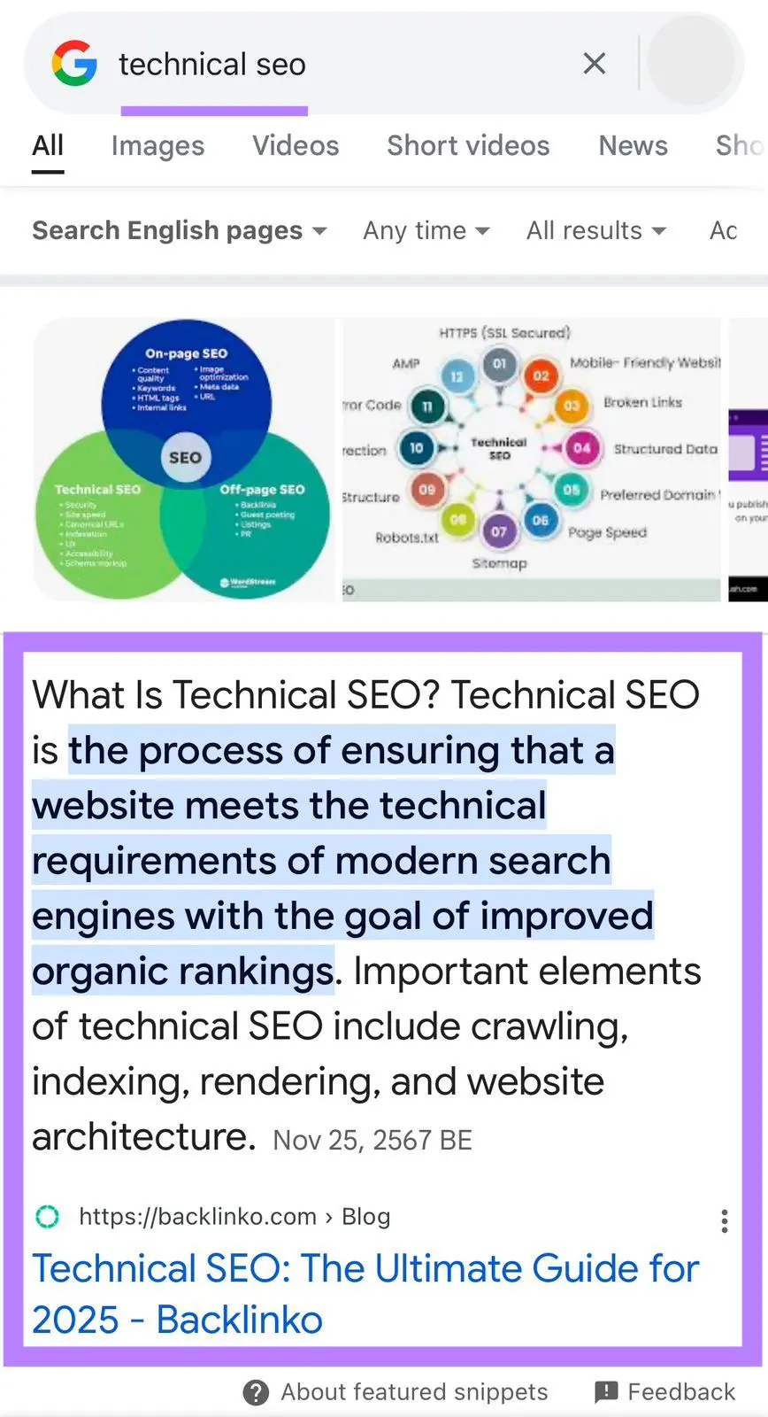 Featured snippet defining technical SEO with highlighted text on meeting search engine requirements.