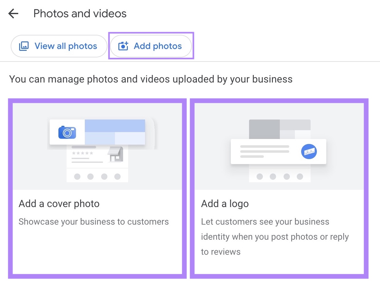 The "Photos and videos" window on GBP where a business can upload additional business photos, a cover photo, and a logo.