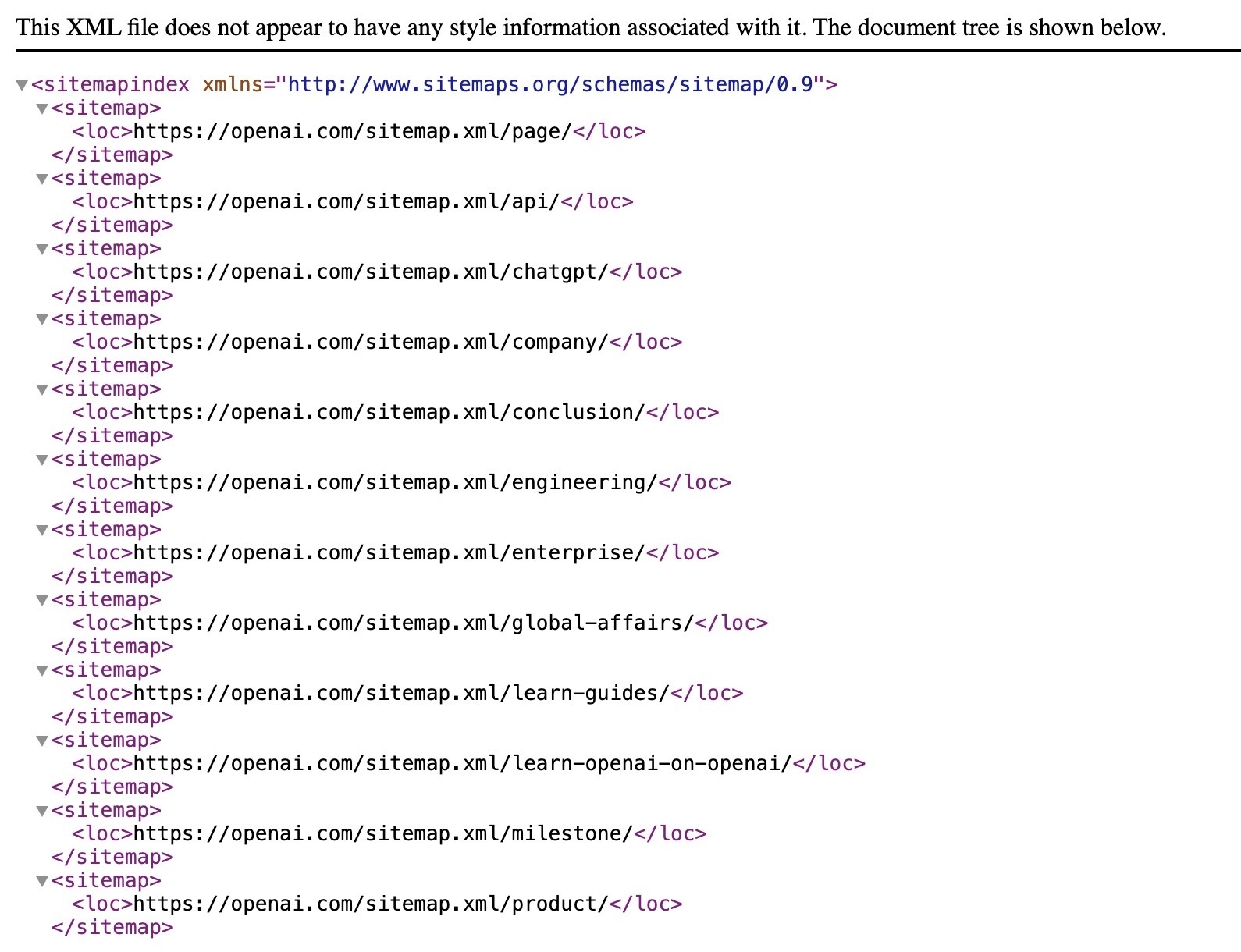 OpenAI sitemap using a streamlined XML sitemap that focuses on its most important pages.