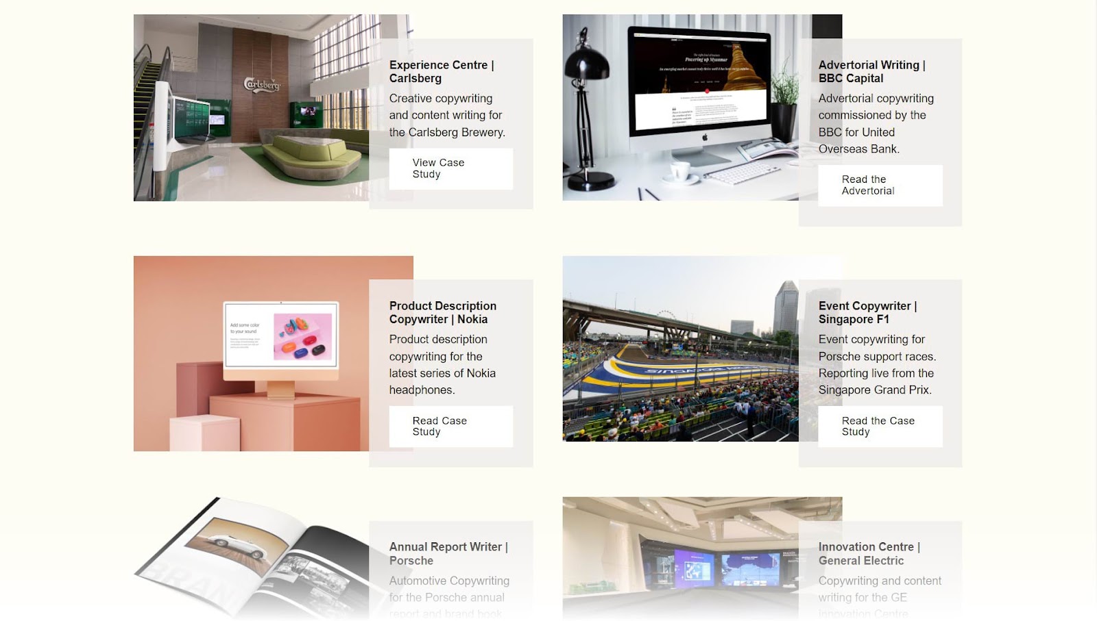 A section with previous work examples in Kim Hobson's copywriting portfolio