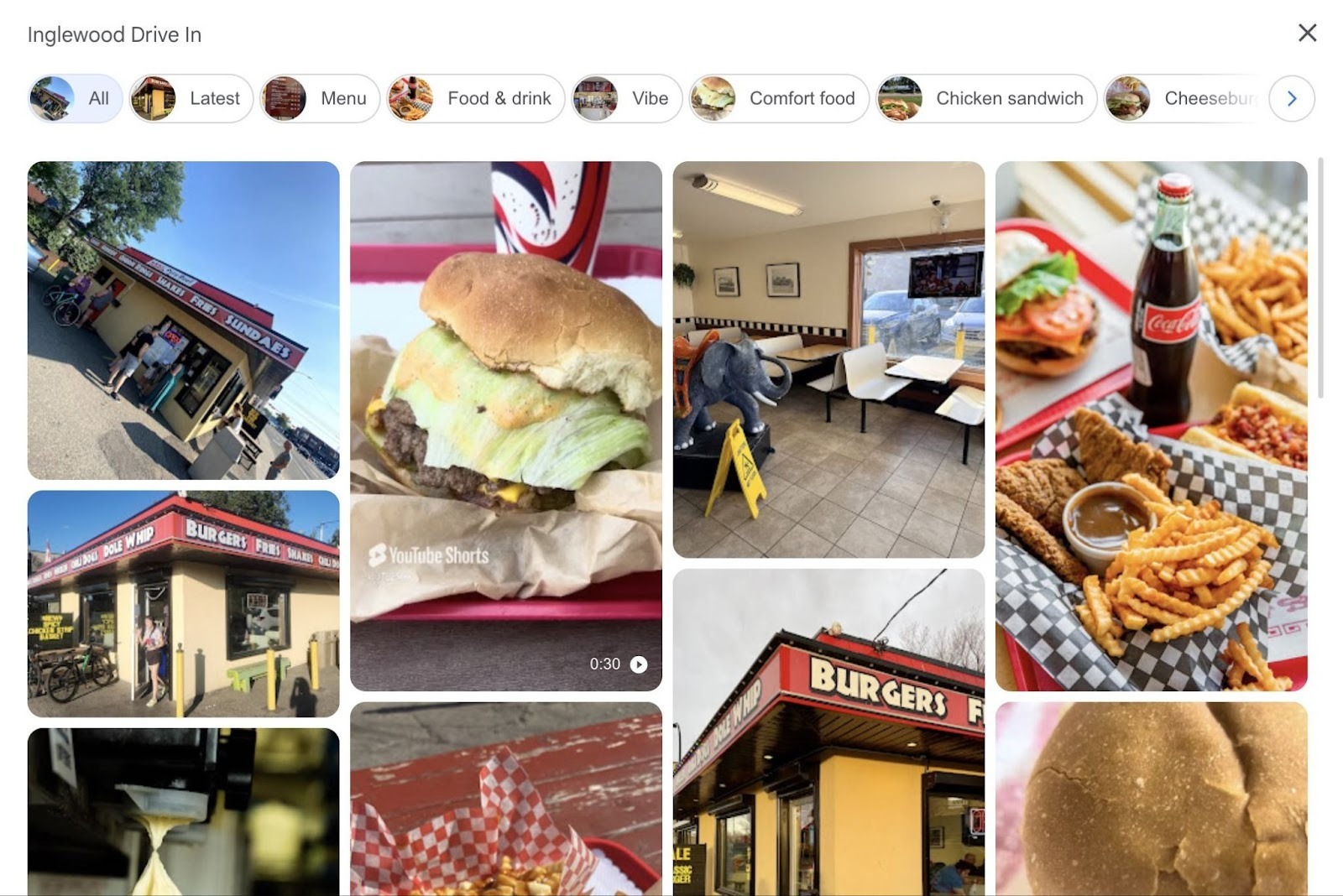 The photos section on the GBP of 'Inglewood Drive In' showing multiple images of the food and the space from both the business and its customers.
