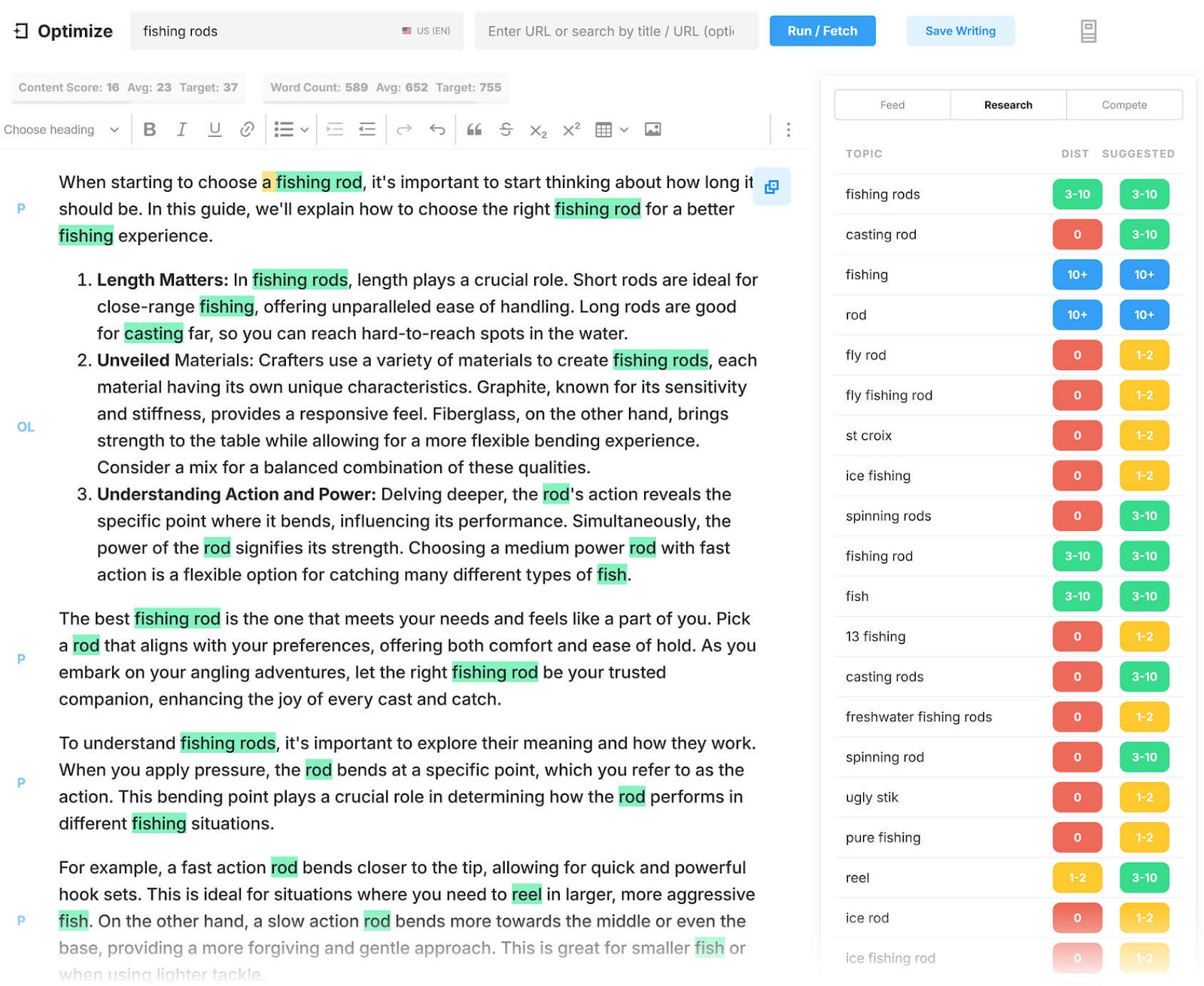MarketMuse editor, showing suggested keywords