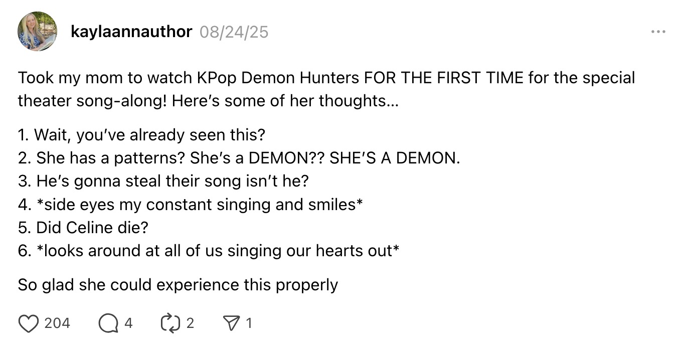 A UGC post of Threads praising the movie “KPop Demon Hunters.”