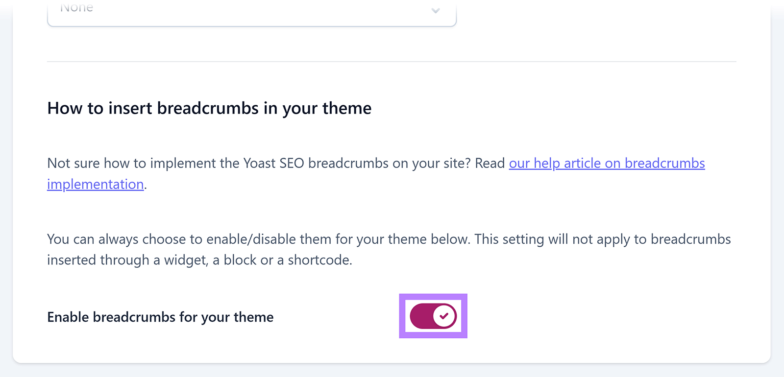 Settings panel with the “Enable breadcrumbs for your theme” toggle switch highlighted.