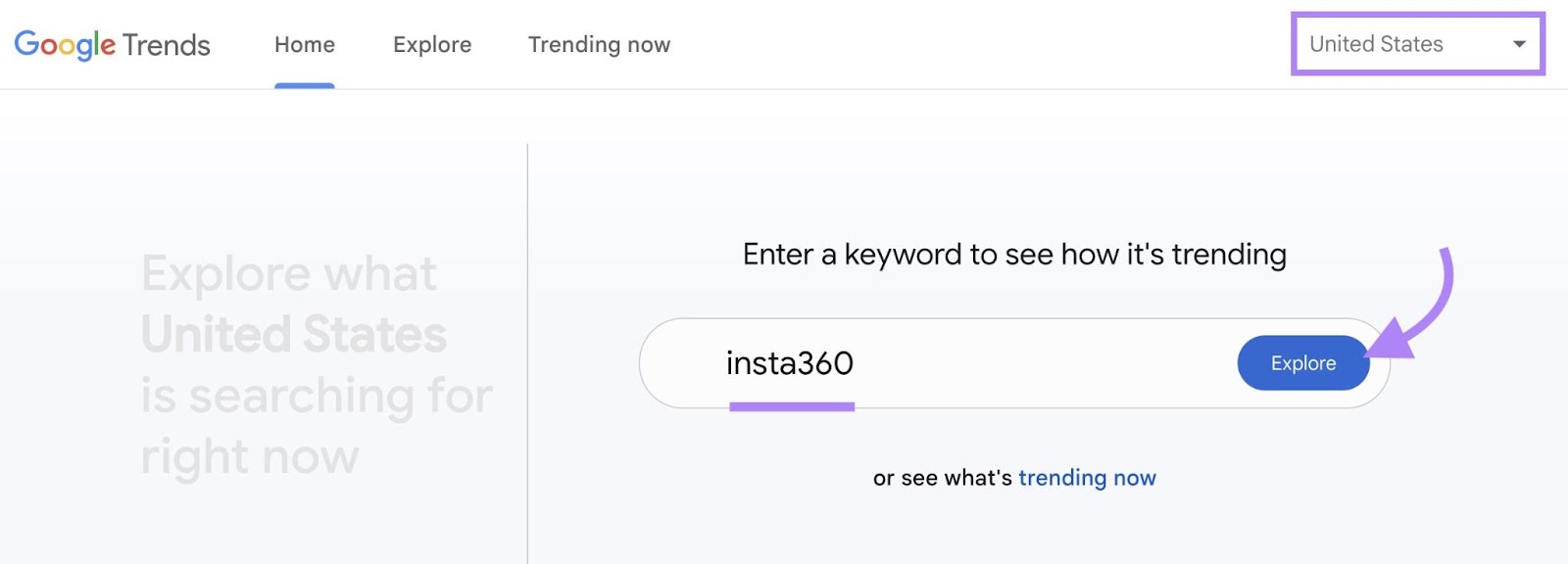 Google Trends with a brand's name entered, a target location selected, and "Explore" clicked.