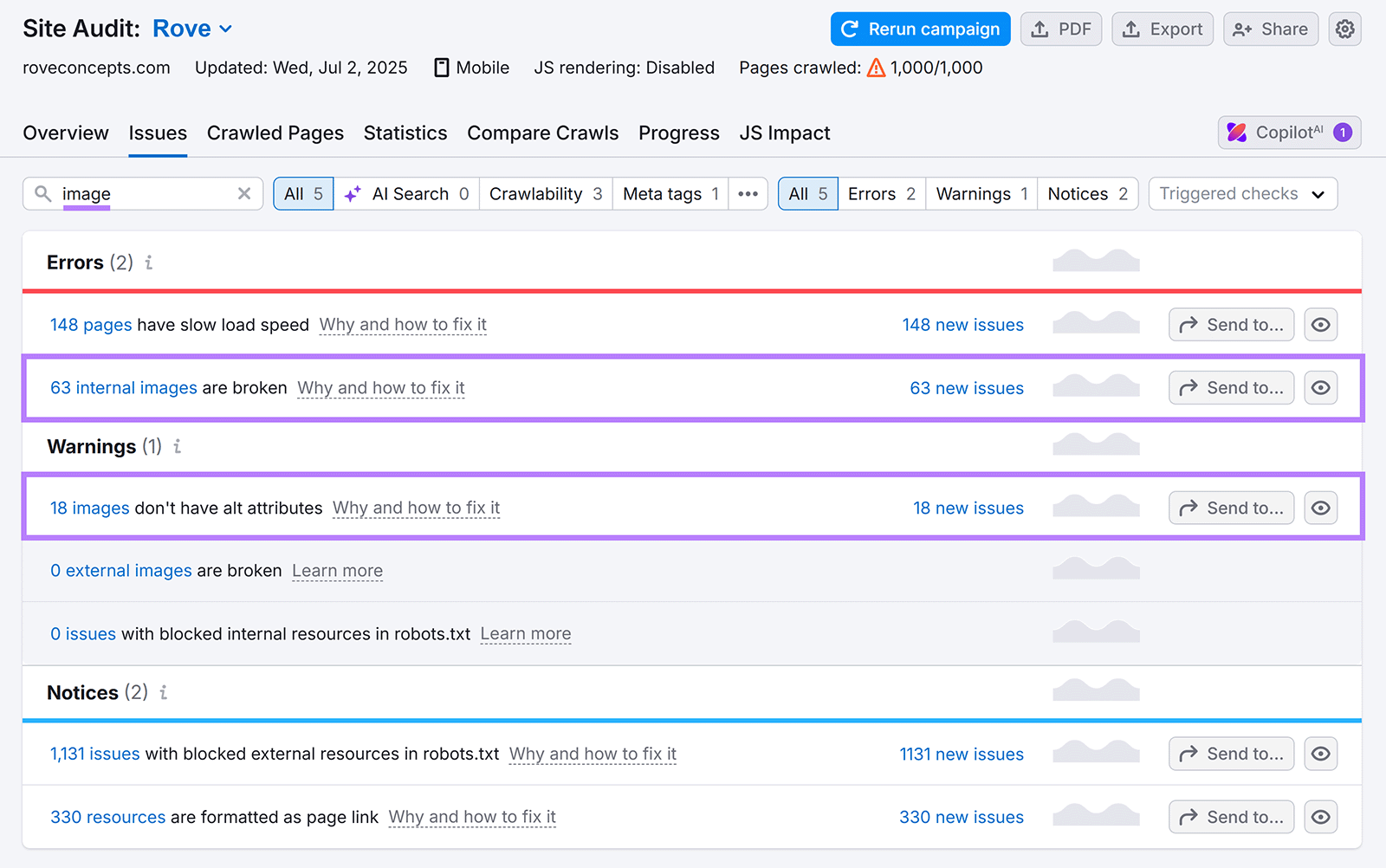 Rove Concepts Site Audit with broken internal images and missing alt text