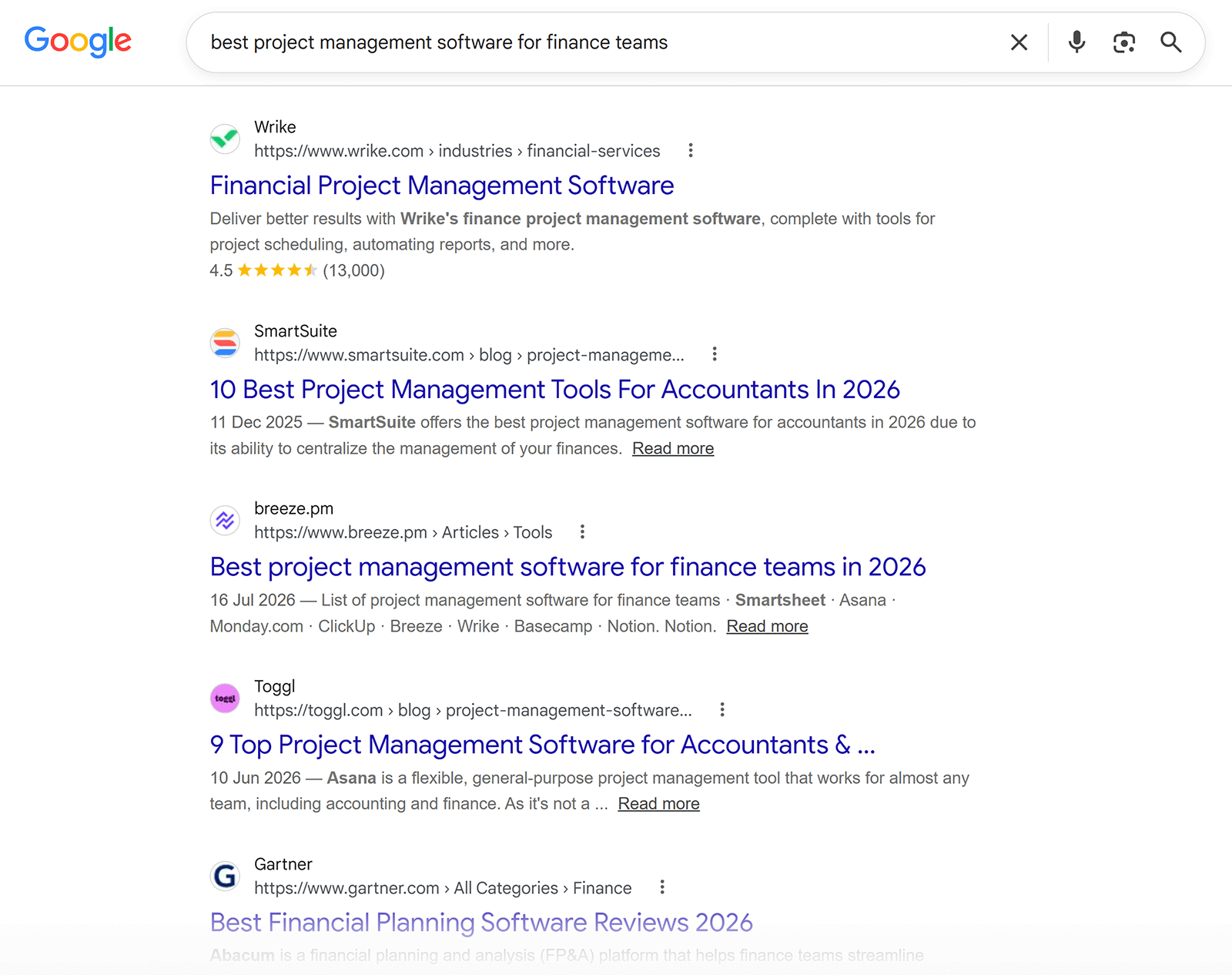 Google results for finance project management software show pages from Wrike, SmartSuite, Breeze, Toggl, and Gartner
