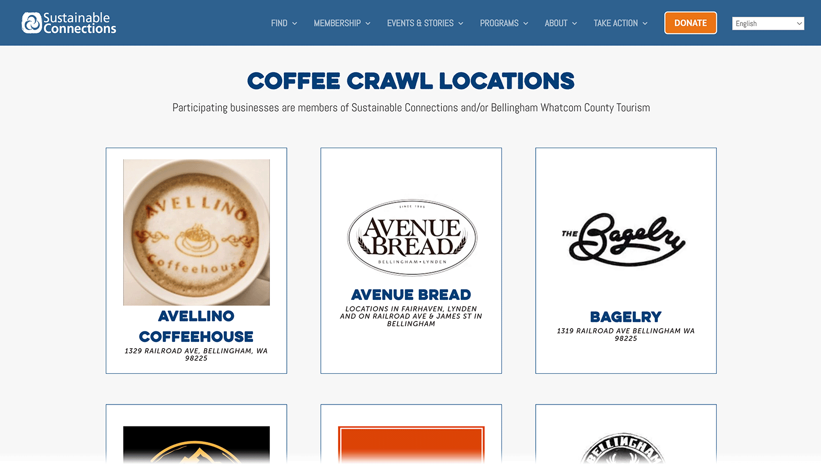 Page showing logos and addresses for local coffee crawl businesses