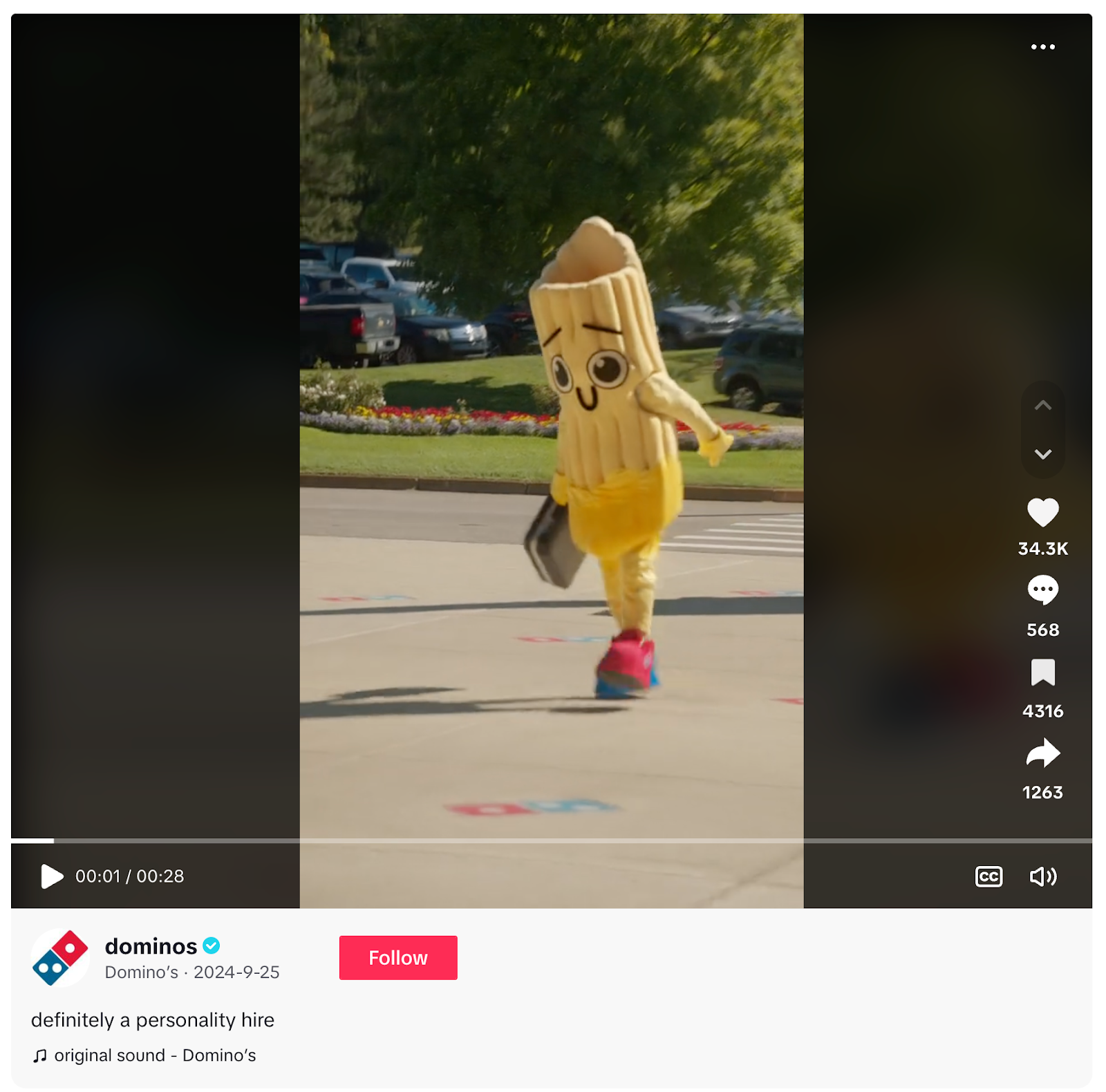A smiley, cheesy noodle mascot carries a briefcase into an interview in this social media campaign video series.