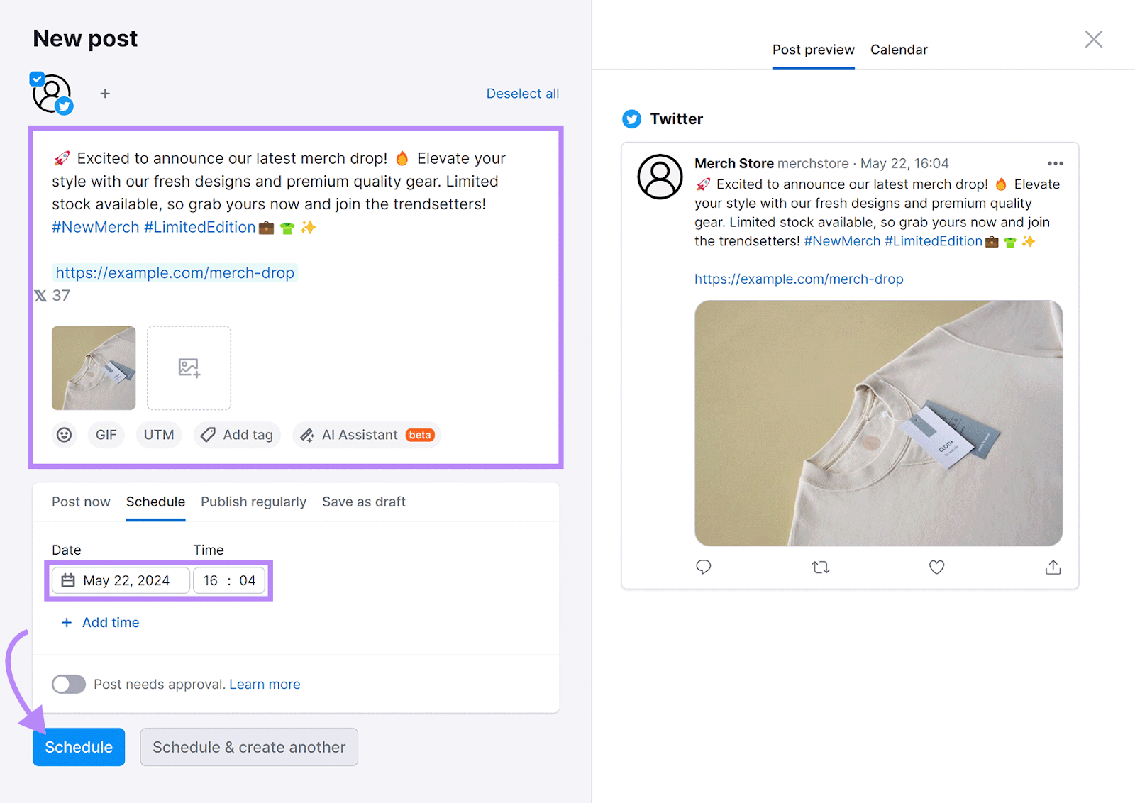 Social Post scheduler dashboard with tweet text and image entered, date scheduled, and arrow pointing to schedule button.