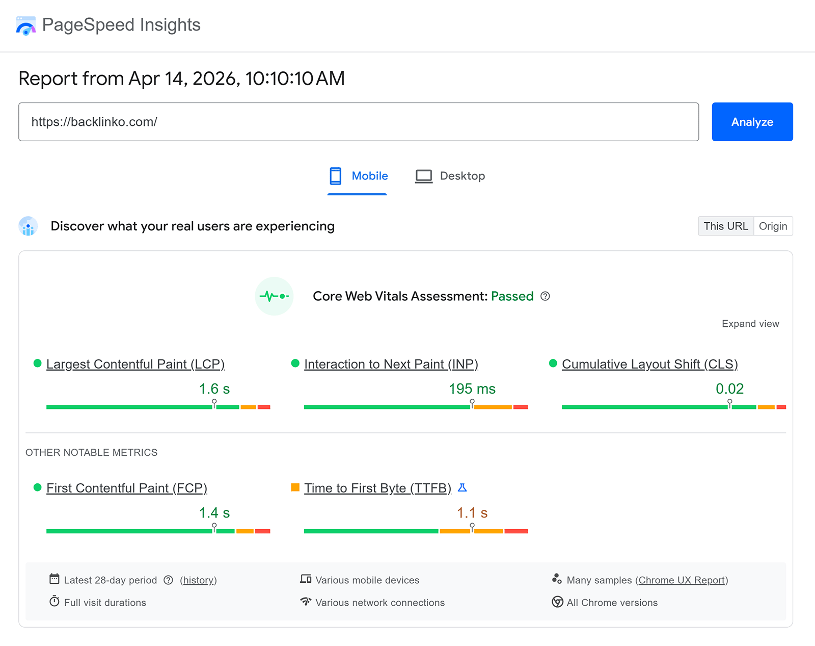 PageSpeed Insights report showing Core Web Vitals metrics like LCP, INP, and CLS