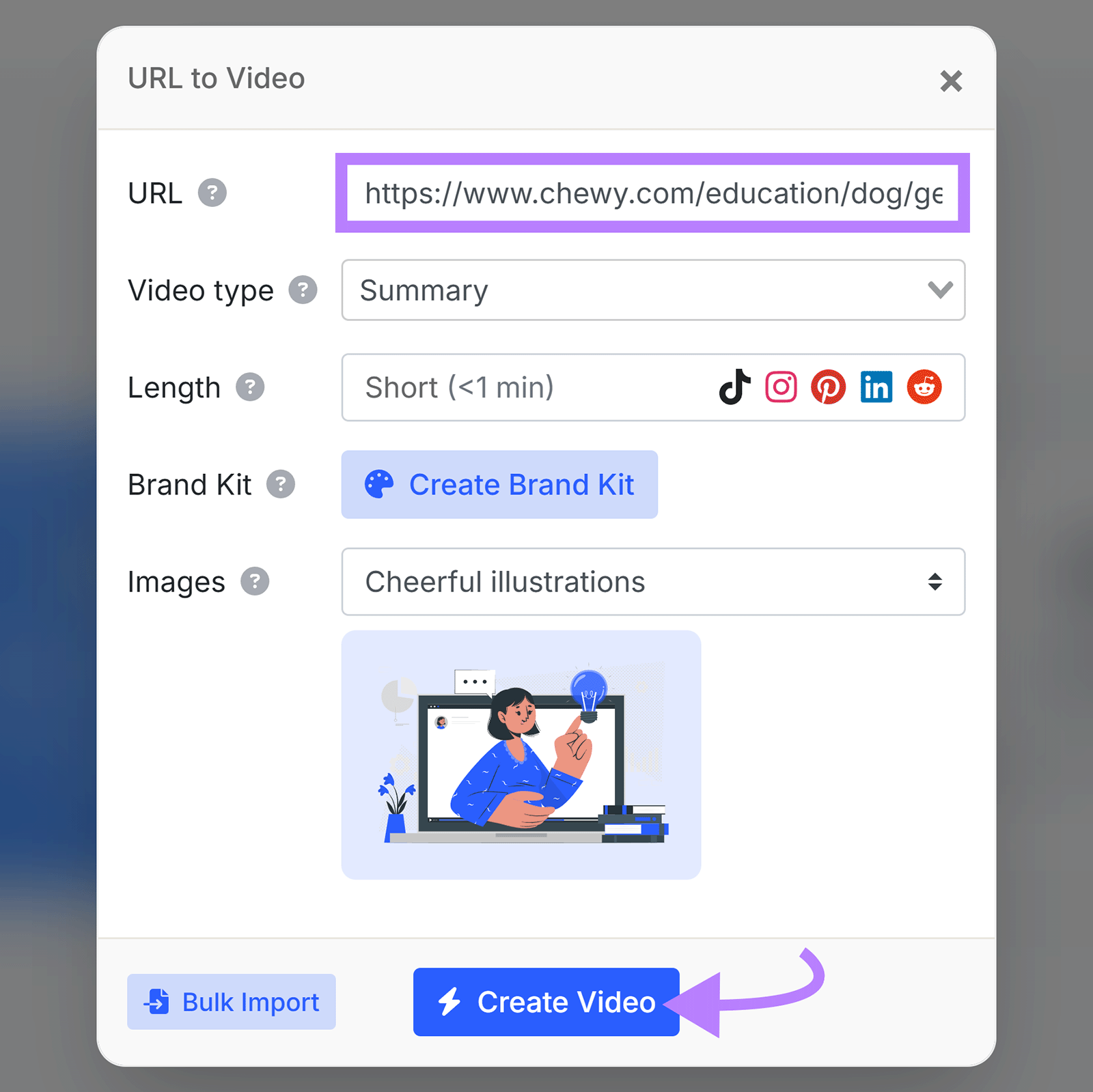 Popup form for creating video from URL with fields for video type, length, brand kit, and button to create video.