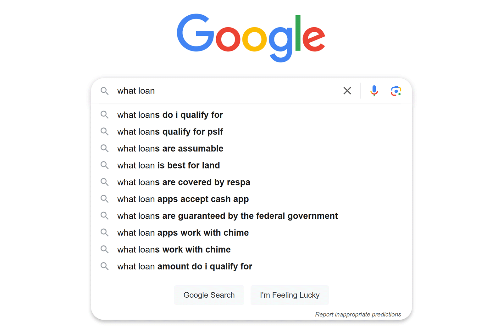 Google's autocomplete for "what loan." The first result is "what loans do I qualify for" The second one is "what loans qualify for pslf"