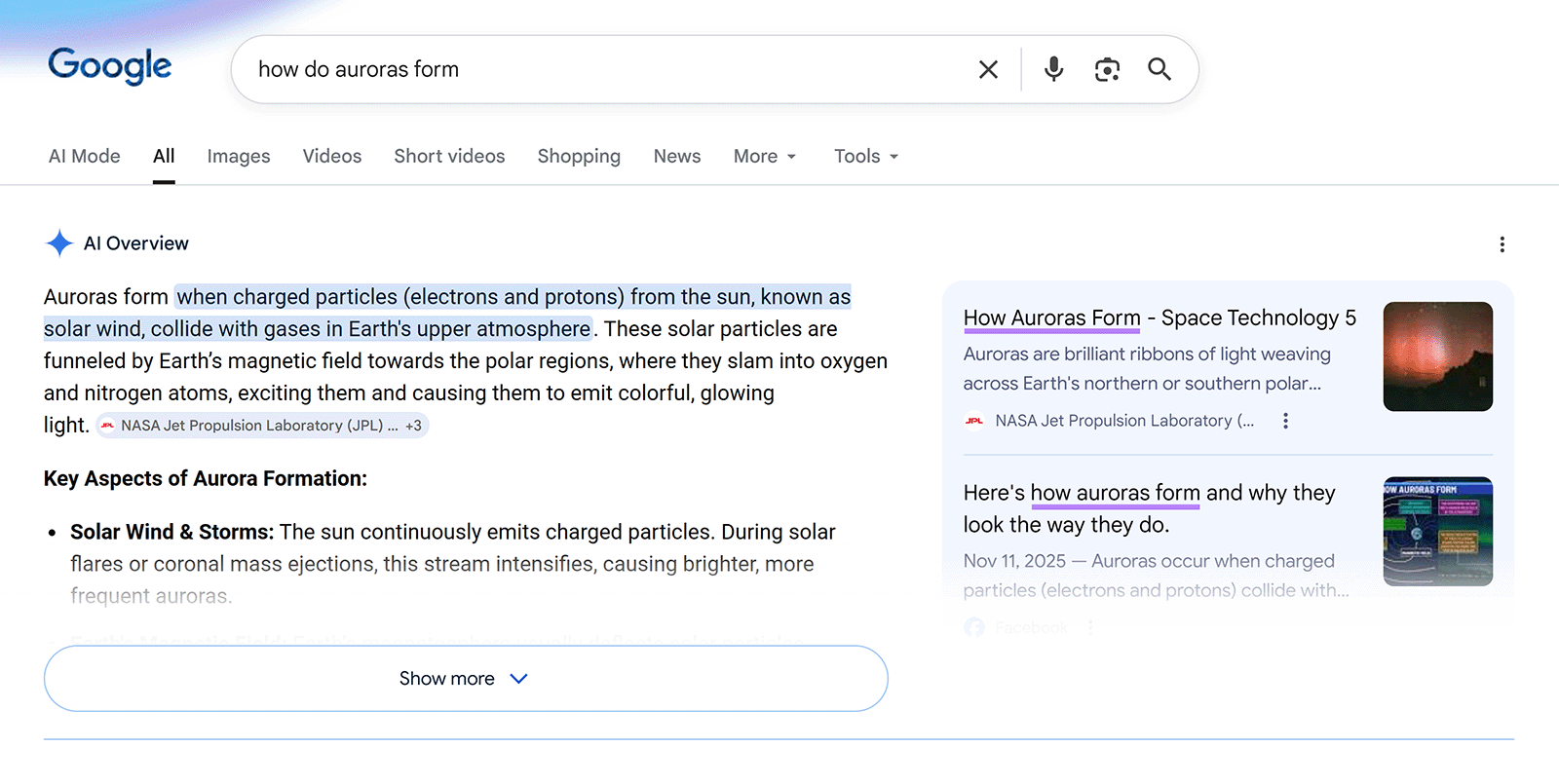 Google AI Overview with page titles highlighted in citation cards.