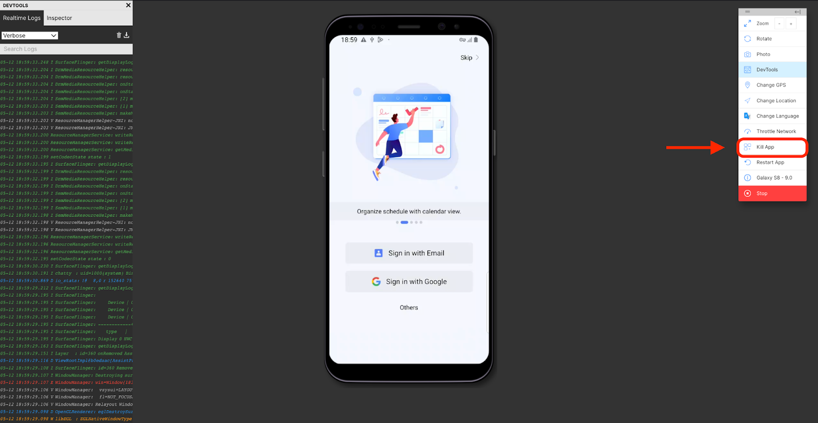 An example of how to kill the app in the Mobile App Tester.