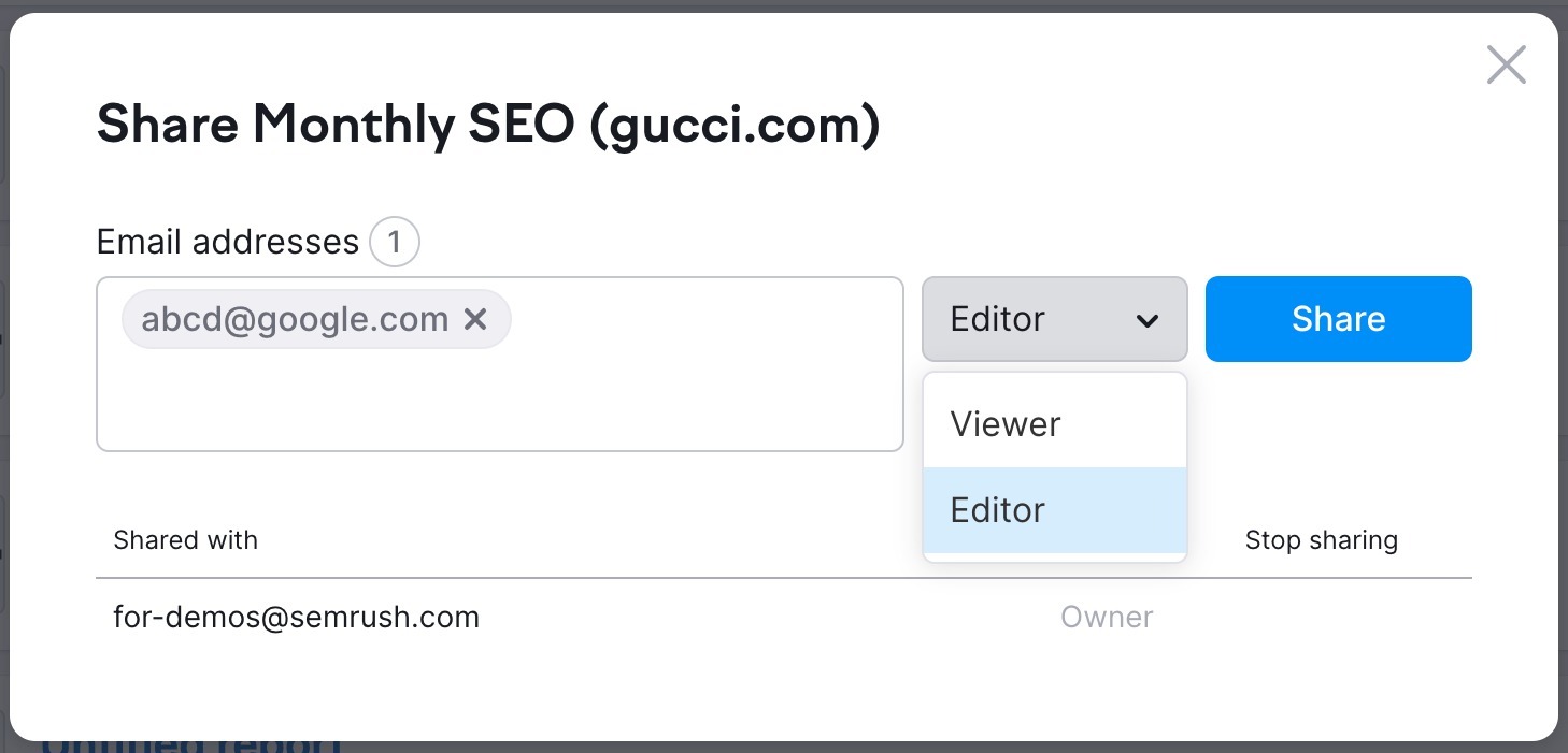 Where to add the email address of who you want to share the report with and where to choose access rights.