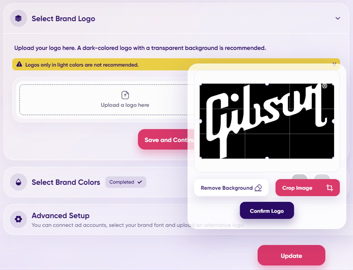 The &lsquo;Remove Background&rsquo; feature for uploaded logos in AdCreative.ai, which uses a credit each time it is clicked.