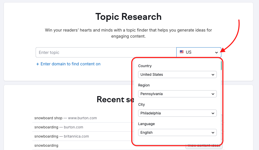 The target selector with the drop-down is highlighted in the Topic Research starting page.