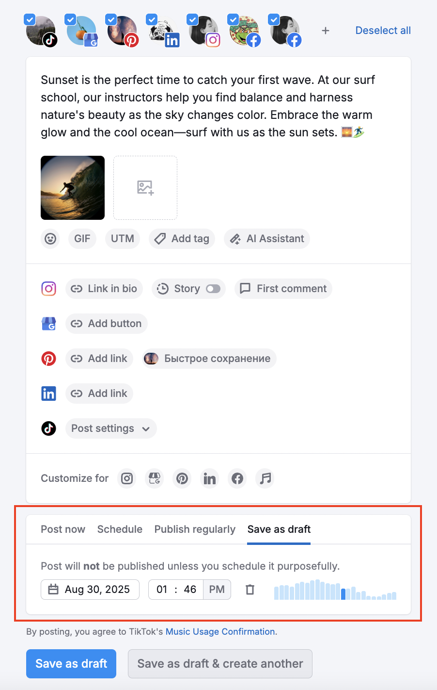 Post editor in Social Poster with the schedule settings highlighted.