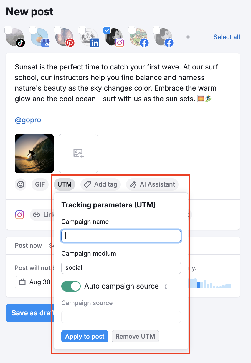 Social Poster post editor with the UTM settings drop-down expanded, allowing configuration of UTM parameters.