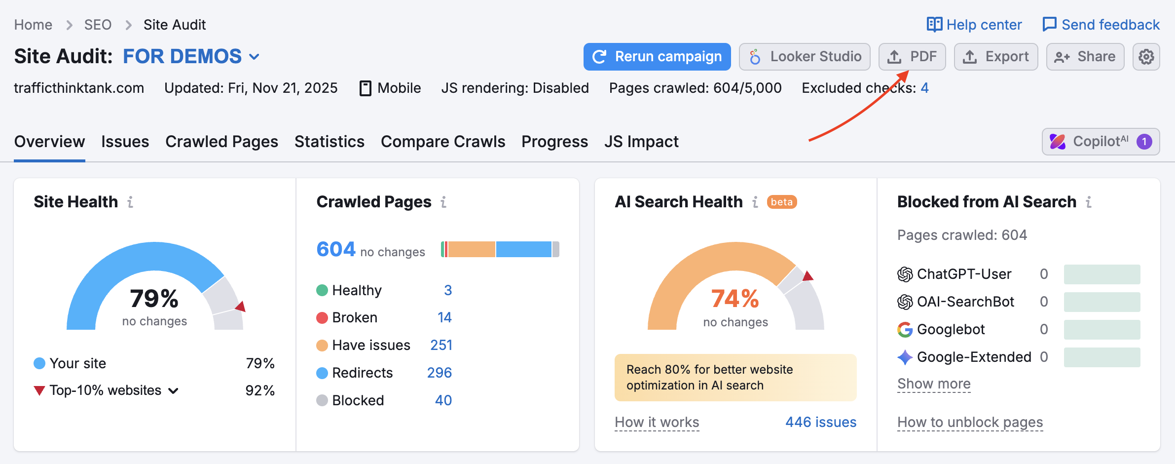 PDF export in Site Audit.